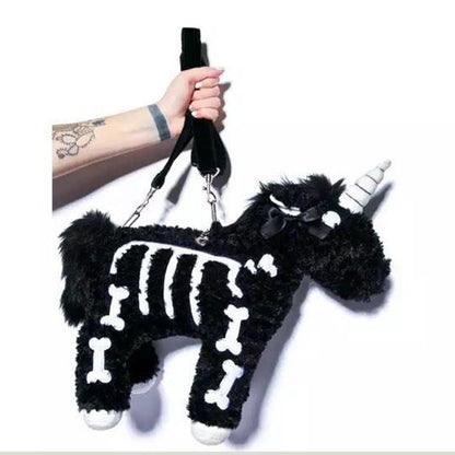 Dark Plush Skeletal Unicorn Crossbody Bag