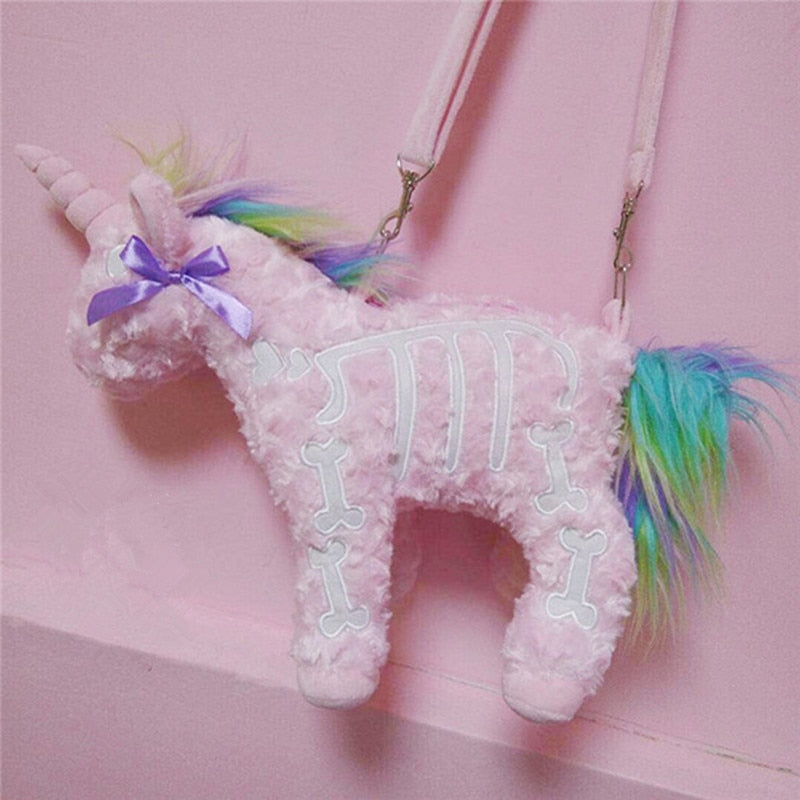 Dark Plush Skeletal Unicorn Crossbody Bag