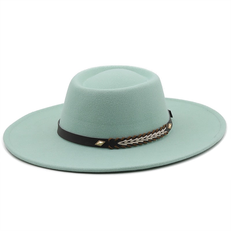 Unisex Wool Felt Flat Brim Hat with Belt Embellishment