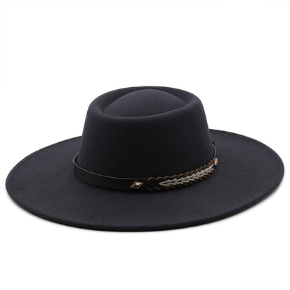 Unisex Wool Felt Flat Brim Hat with Belt Embellishment