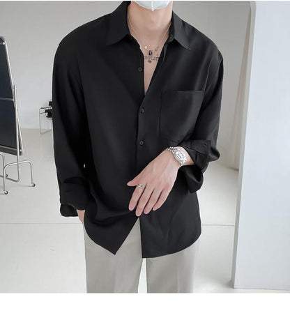 Loose Fit Men's Long Sleeve Button Down Shirt With Front Pocket