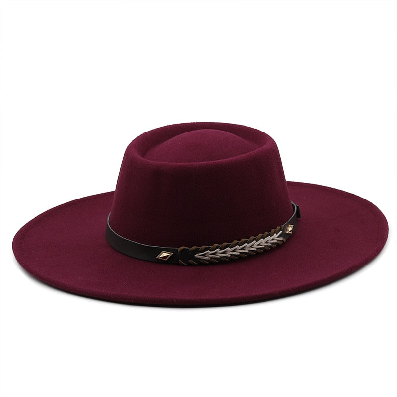 Unisex Wool Felt Flat Brim Hat with Belt Embellishment