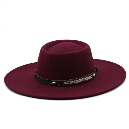 Unisex Wool Felt Flat Brim Hat with Belt Embellishment