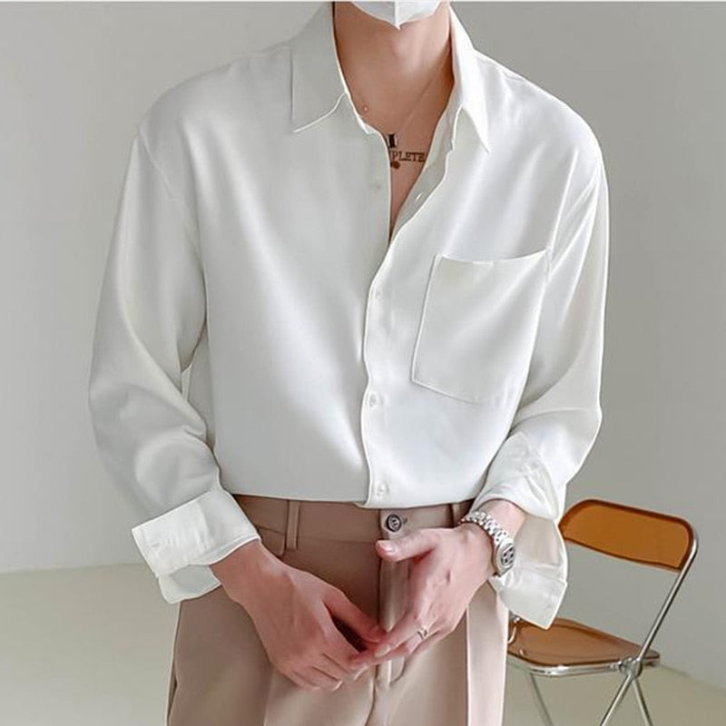 Loose Fit Men's Long Sleeve Button Down Shirt With Front Pocket