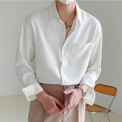 Loose Fit Men's Long Sleeve Button Down Shirt With Front Pocket