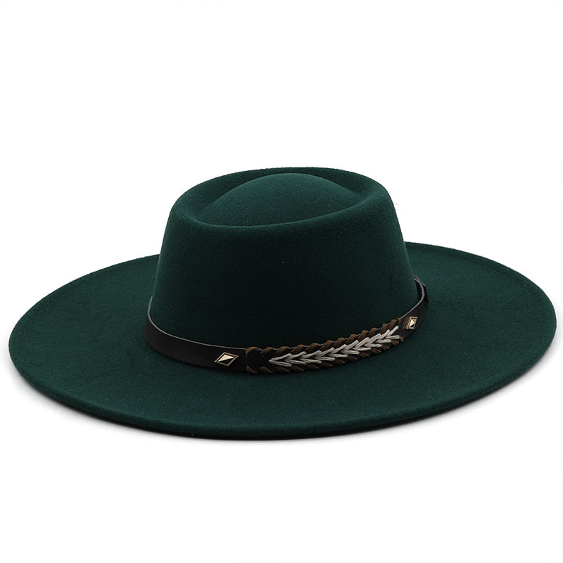 Unisex Wool Felt Flat Brim Hat with Belt Embellishment