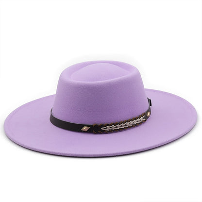 Unisex Wool Felt Flat Brim Hat with Belt Embellishment