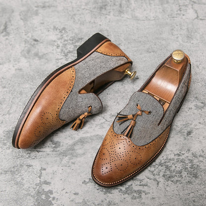 Men's Slip-On Brown Leather and Tweed Dress Shoes