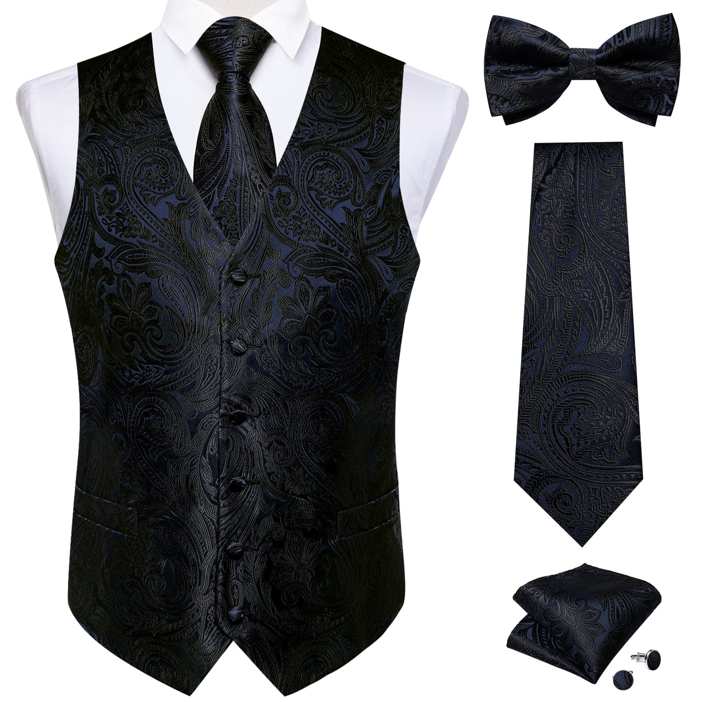 Men's Black Paisley Suit Vest 5pc Set