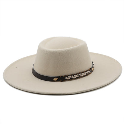 Unisex Wool Felt Flat Brim Hat with Belt Embellishment