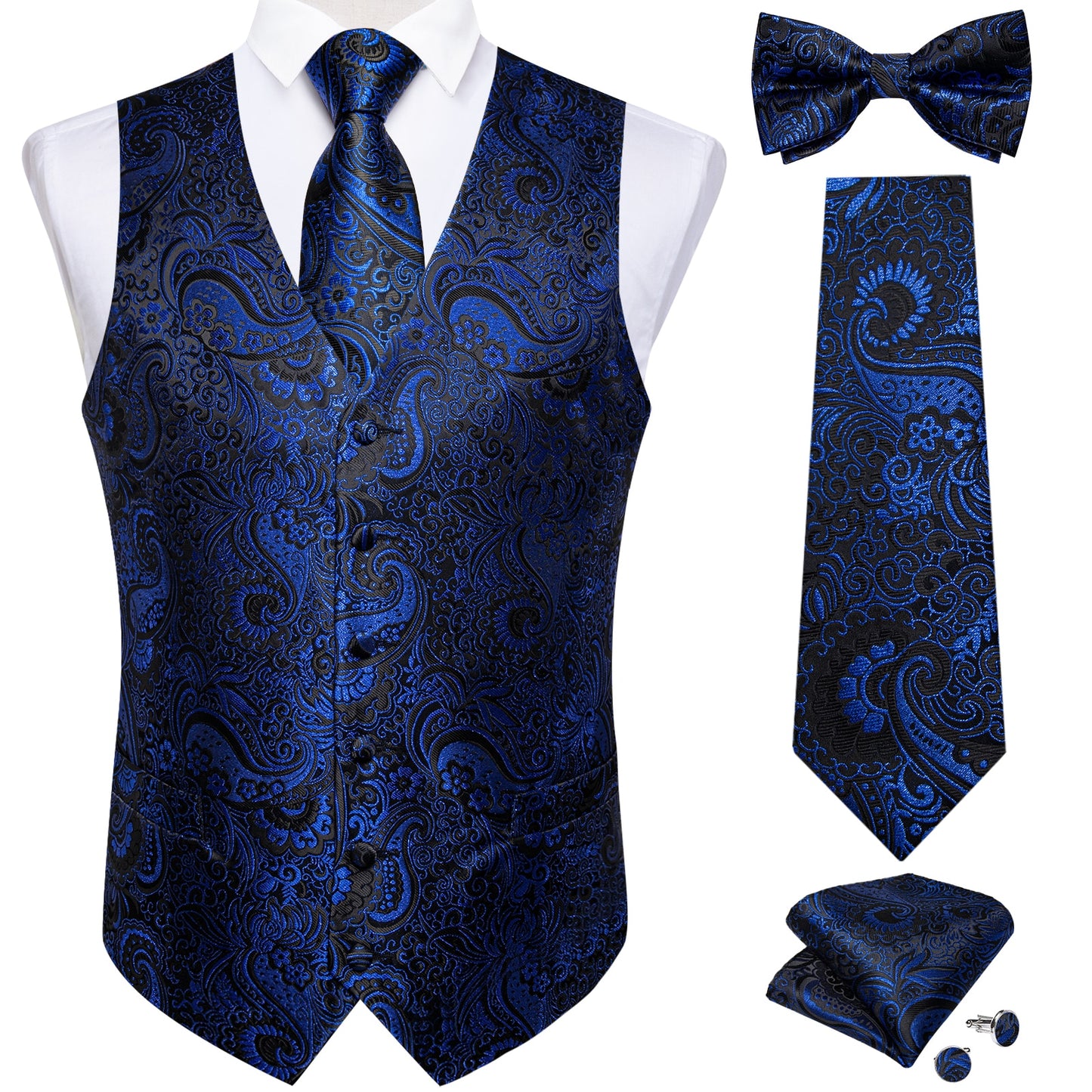 Men's Black Paisley Suit Vest 5pc Set