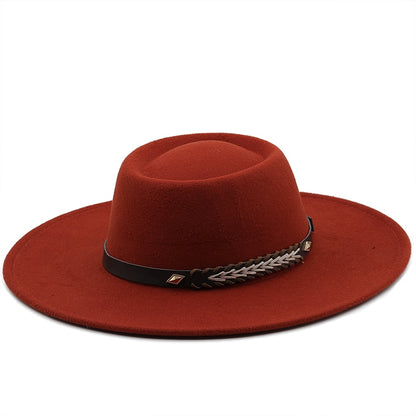 Unisex Wool Felt Flat Brim Hat with Belt Embellishment