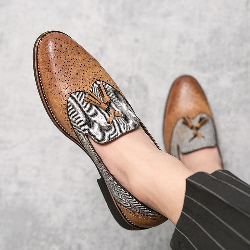 Men's Slip-On Brown Leather and Tweed Dress Shoes