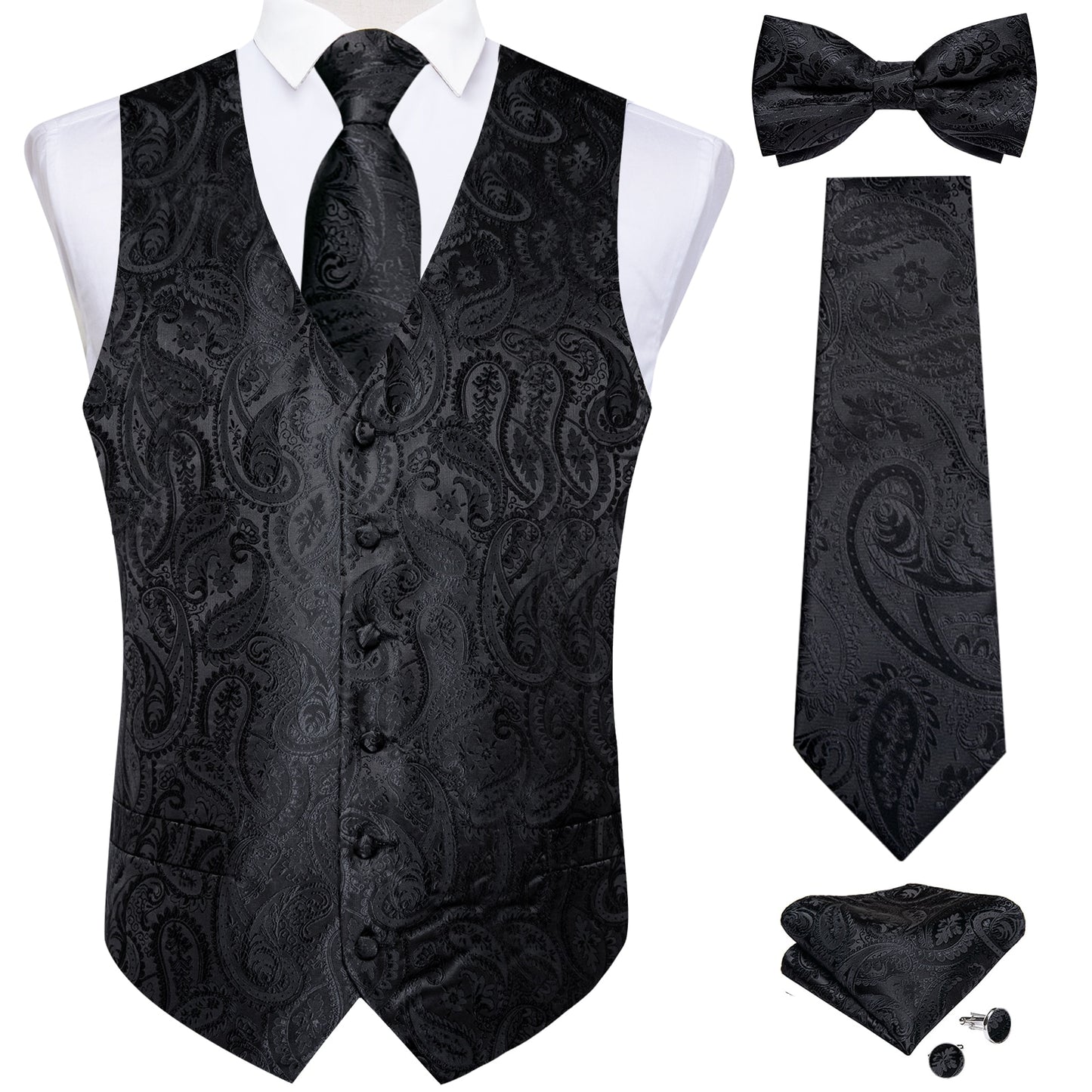 Men's Black Paisley Suit Vest 5pc Set