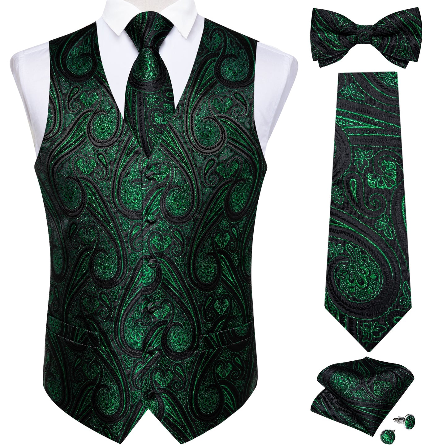 Men's Black Paisley Suit Vest 5pc Set