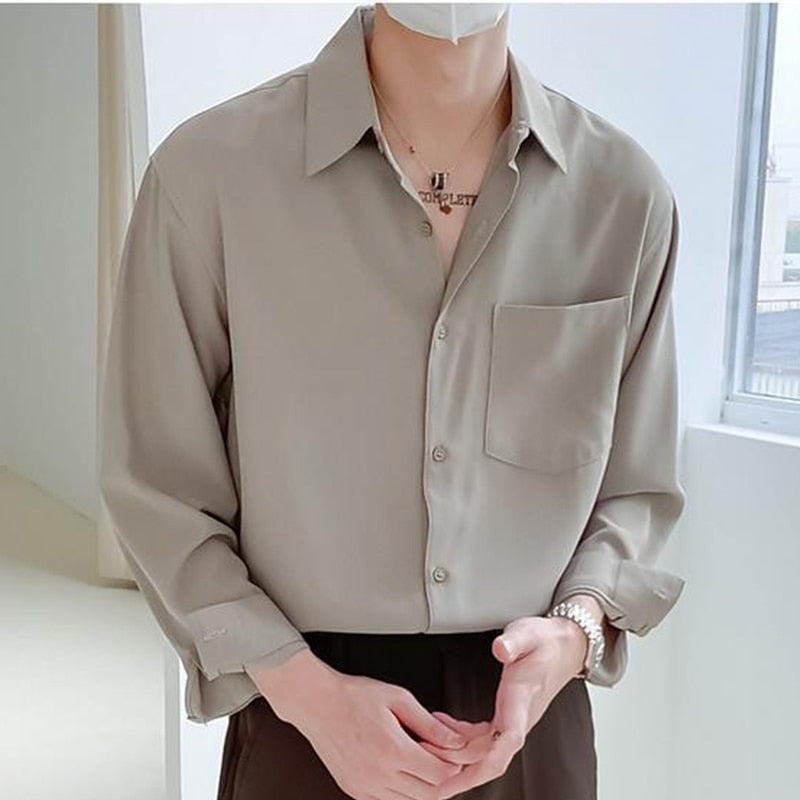 Loose Fit Men's Long Sleeve Button Down Shirt With Front Pocket