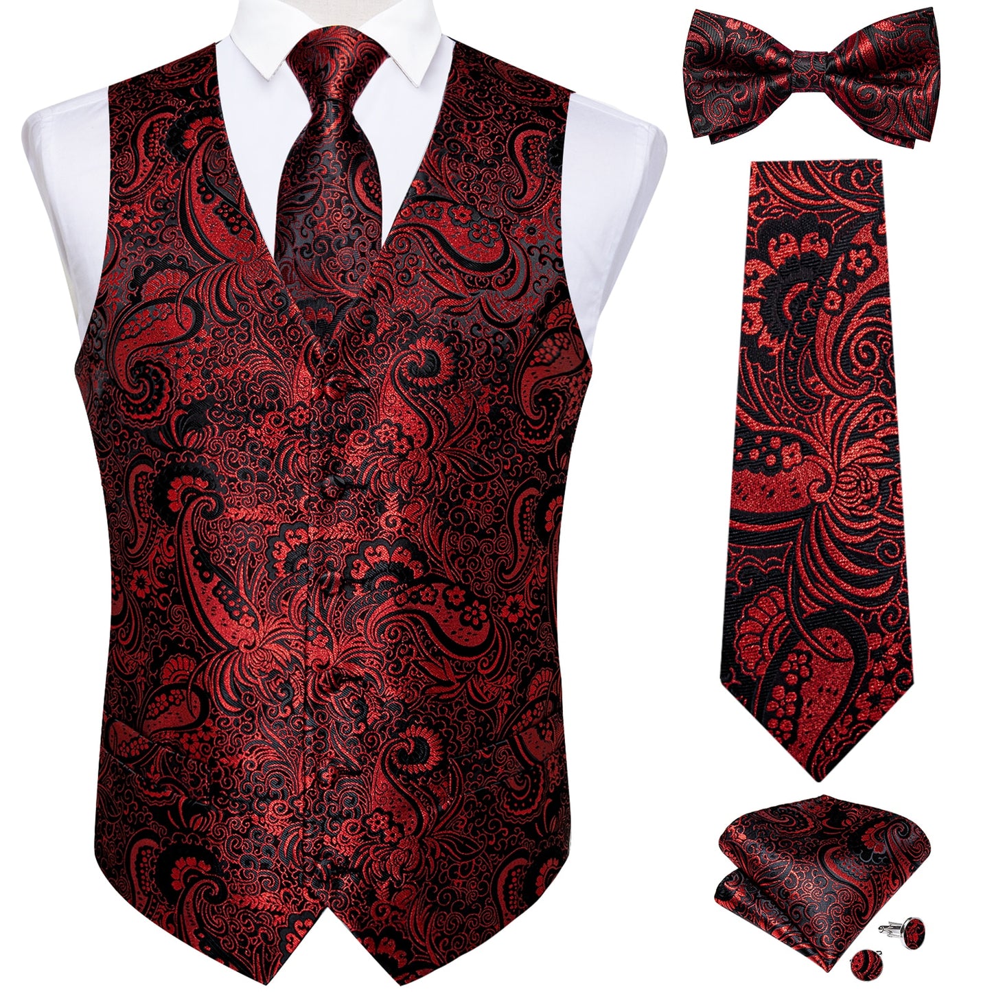 Men's Black Paisley Suit Vest 5pc Set