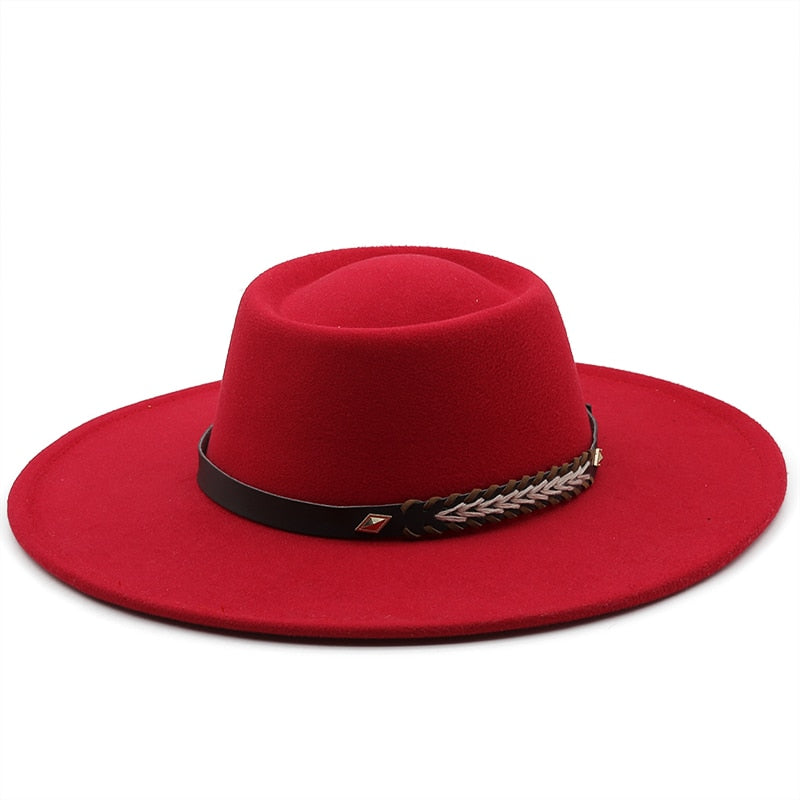 Unisex Wool Felt Flat Brim Hat with Belt Embellishment