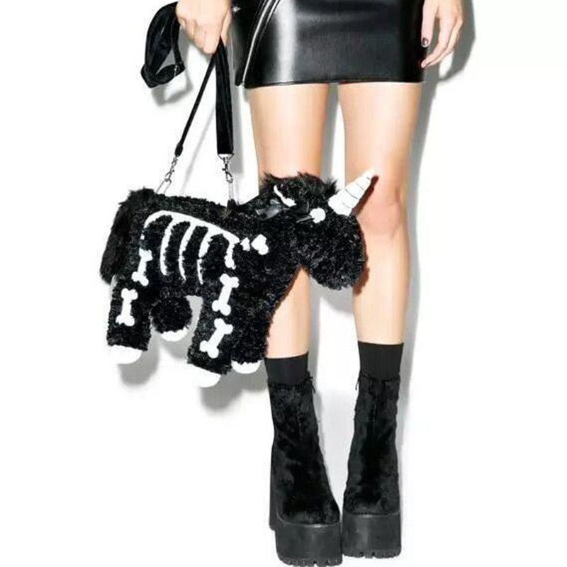 Dark Plush Skeletal Unicorn Crossbody Bag